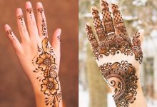 Two female hands, one with Moroccan Henna and the other one with Mehndi.