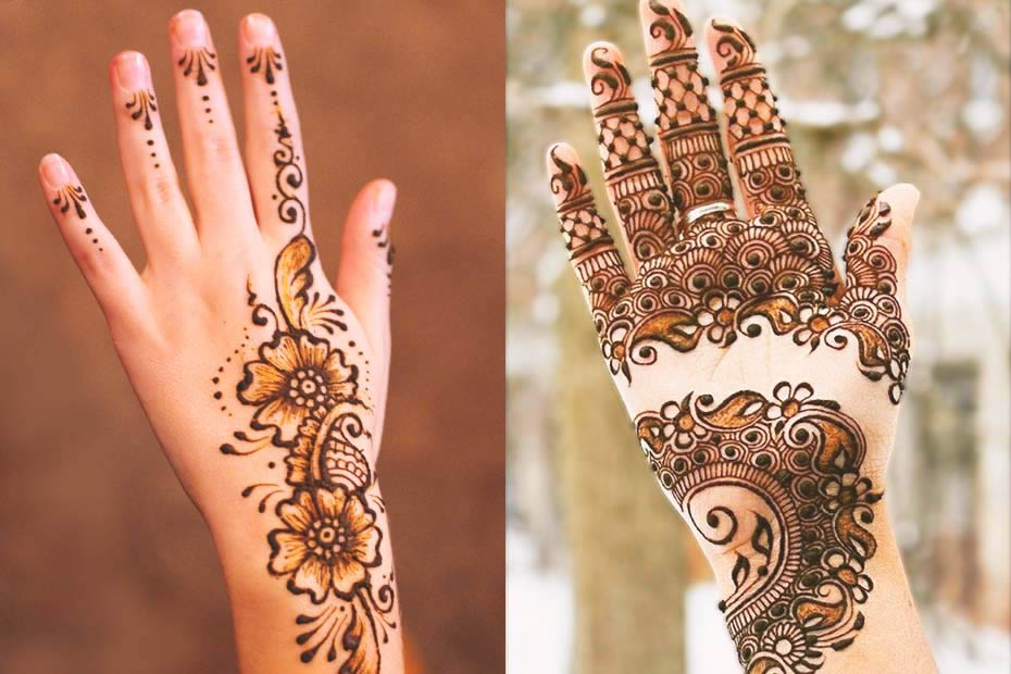 Two female hands, one with Moroccan henna and the other one with Mehndi.