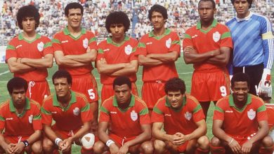 The Moroccan team lined up before the match in Monterrey, Mexico on 6 June 1986.