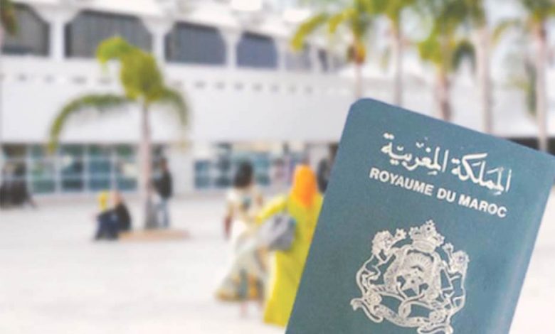 A Moroccan green passport with golden letters in front of a Moroccan airport