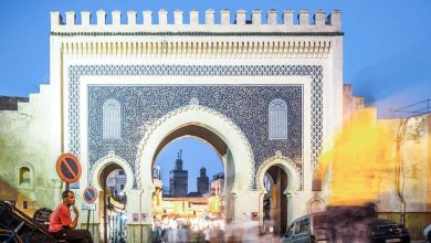 The beautiful and architectural famous Moroccan blue gate in Fez named Bab Boujloud.