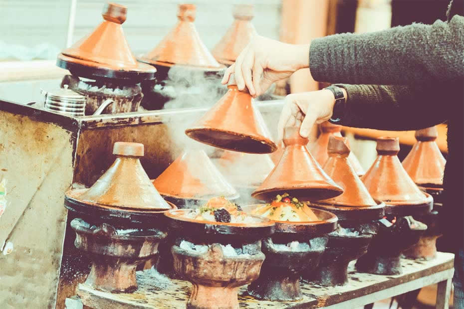 What food and street food is like in Casablanca: Rows of delicious Moroccan tajines