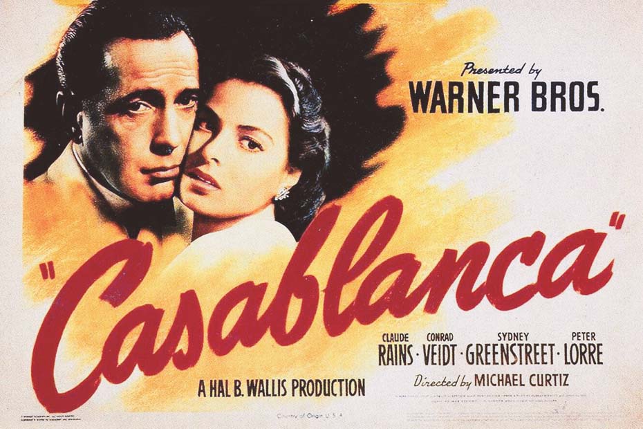 The american movie poster of Casablanca with Humphrey Bogart and Ingrid Bergman.