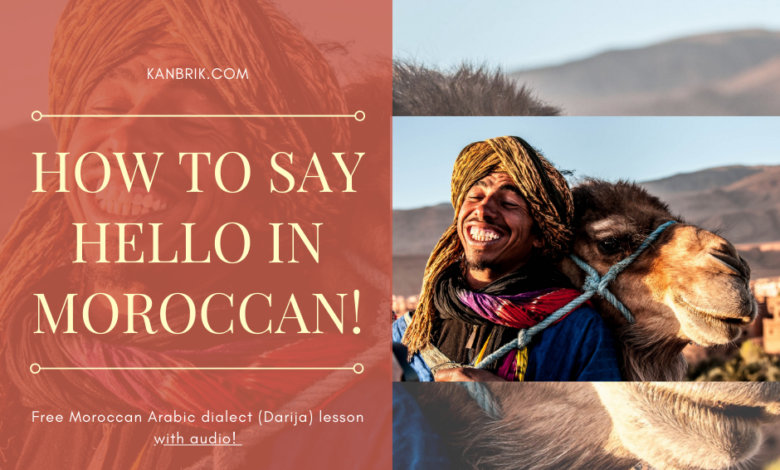 a Moroccan smiling with a camel with the words next to them : how to say hello in Moroccan