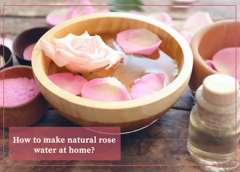 a bowl filled with pure natural homemade moroccan rose water and petal roses on top