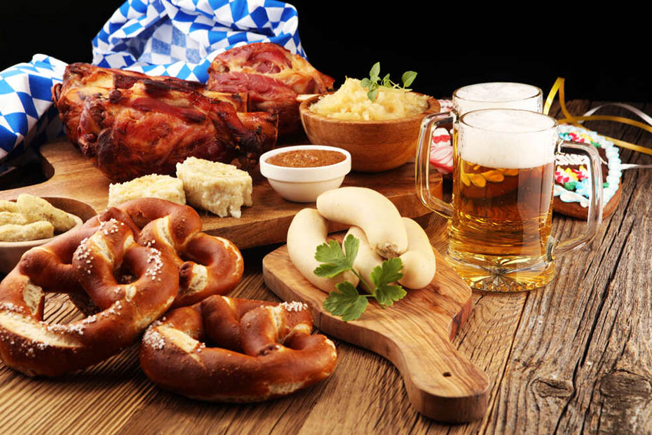 famous and tasty German food: sausages, pretzel, beer