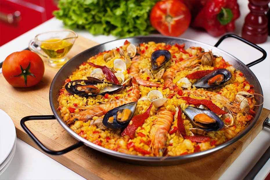 Spain best food paella with rice shrimp and other seafood